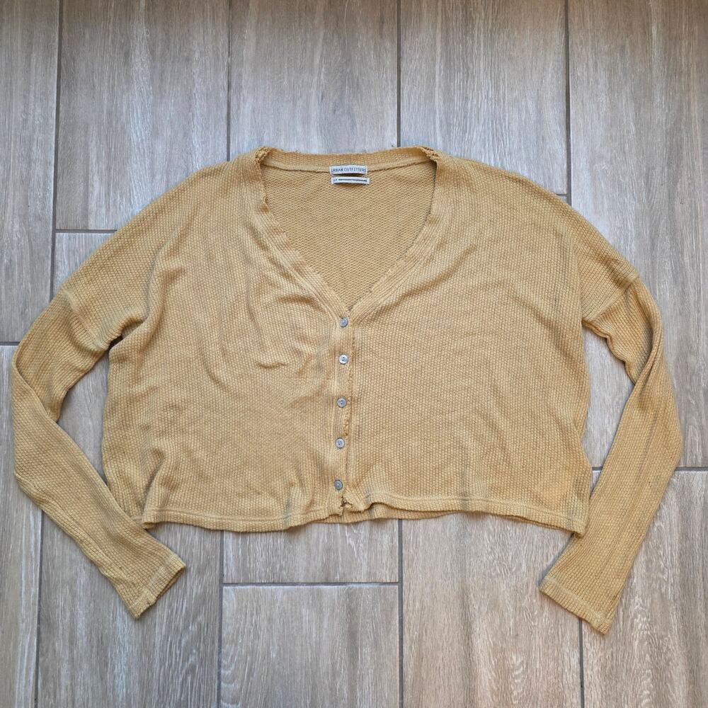 Urban Outfitters Cardigan Womens S Mustard Yellow Waffle Knit Cropped Button